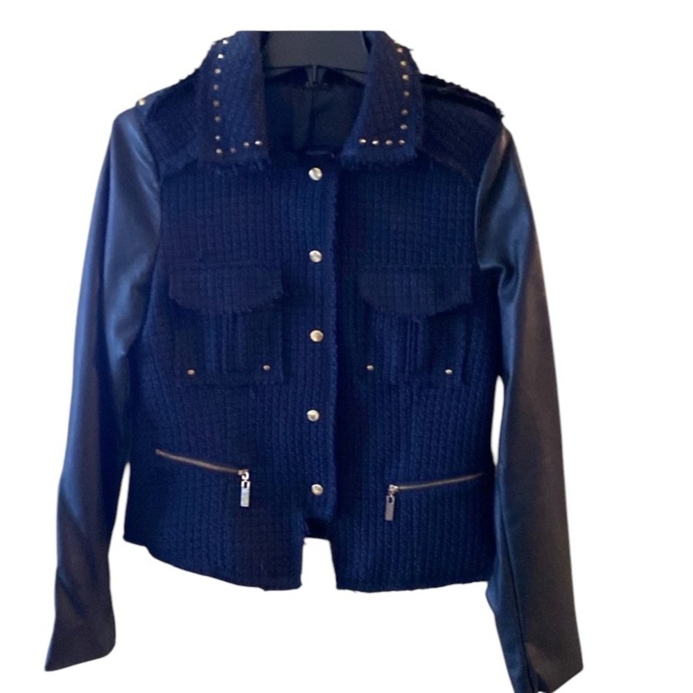 Navy Blue Military Inspired Black Leather Sleeve Blazer